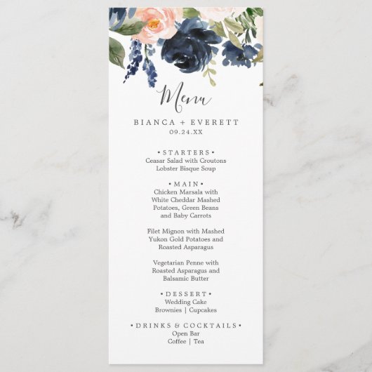 Blush en Navy Flowers | Menu Wit-weddenschap (Voorkant)