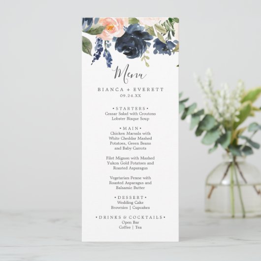 Blush en Navy Flowers | Menu Wit-weddenschap (Staand voorkant)