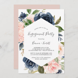 Blush en Navy Flowers White Engagement Party Kaart