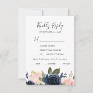 Blush en Navy Flowers White Menu Keuze RSVP-kaart