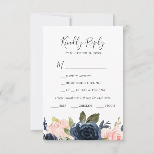 Blush en Navy Flowers White Menu Keuze RSVP-kaart (Voorkant)