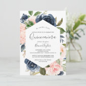 Blush en Navy Flowers | White Quinceañera Kaart (Staand voorkant)