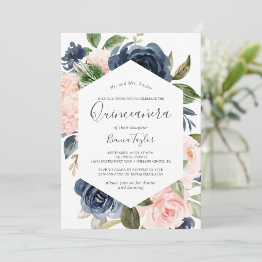 Blush en Navy Flowers | White Quinceañera Kaart (Staand voorkant)
