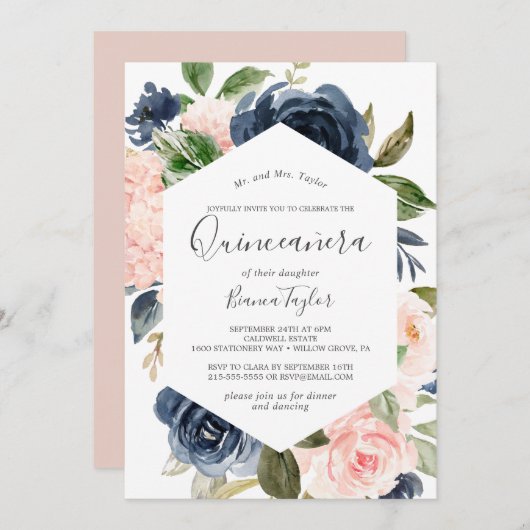 Blush en Navy Flowers | White Quinceañera Kaart (Voorkant / Achterkant)