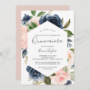 Blush en Navy Flowers   White Quinceañera Kaart