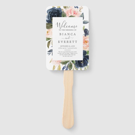 Blush en Navy Flowers | White Wedding Programme Fa Handwaaier (Voorkant)