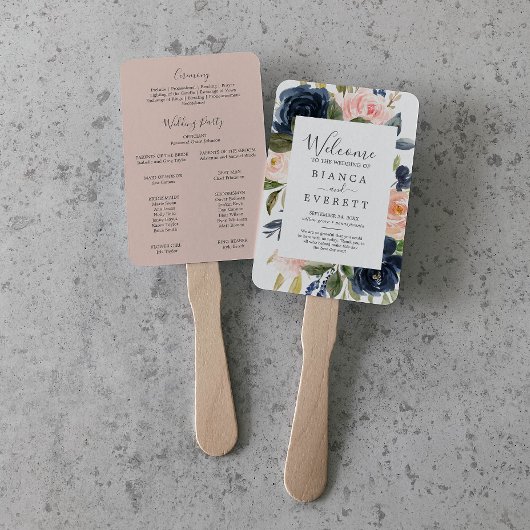 Blush en Navy Flowers | White Wedding Programme Fa Handwaaier