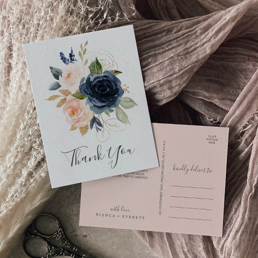 Blush en Navy Flowers | Wit bedankt Briefkaart