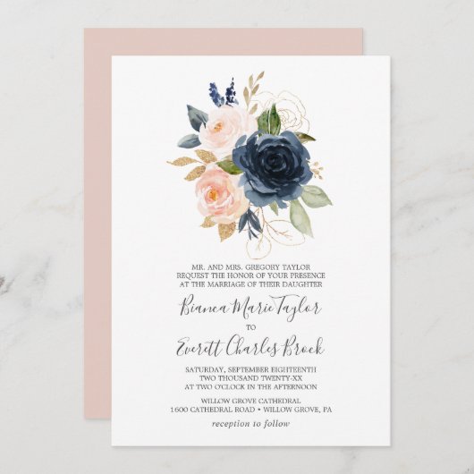 Blush en Navy Flowers | Wit formeel huwelijk Kaart (Voorkant / Achterkant)