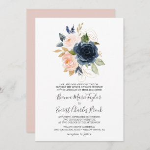 Blush en Navy Flowers Wit formeel huwelijk Kaart