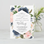 Blush en Navy Flowers | Wit huwelijk Kaart (Staand voorkant)