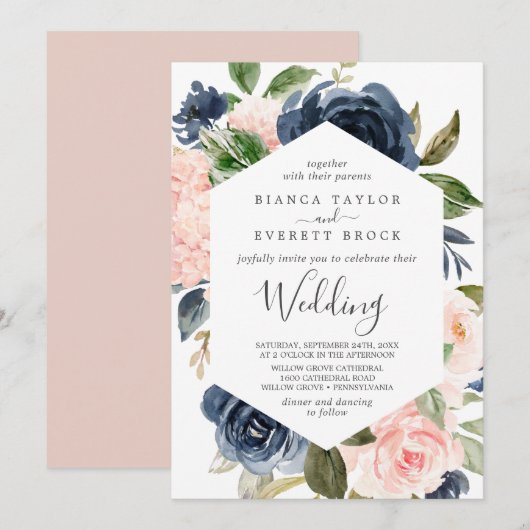 Blush en Navy Flowers | Wit huwelijk Kaart (Voorkant / Achterkant)