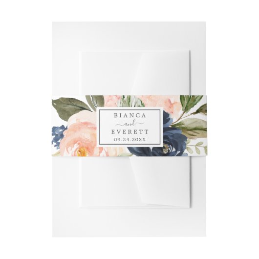 Blush en Navy Flowers | Wit huwelijk Uitnodigingen Wikkel (Voorkant Voorbeeld)