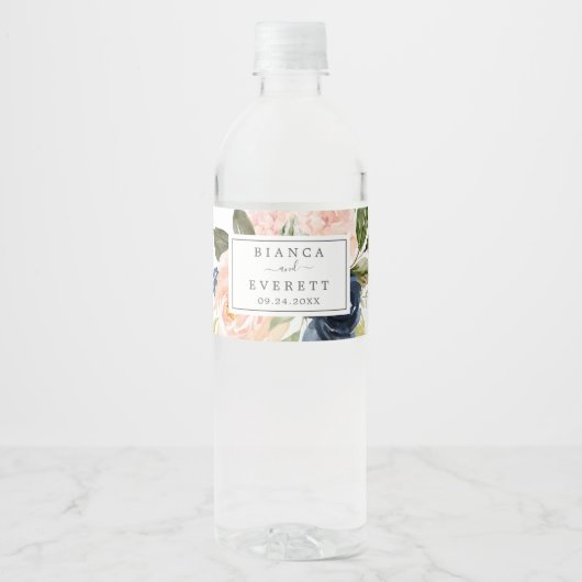 Blush en Navy Flowers | Wit huwelijk Waterfles Etiket (Voorkant)