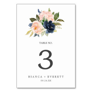 Blush en Navy Flowers   Wit-tabelnummer Kaart