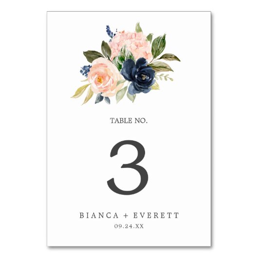 Blush en Navy Flowers | Wit-tabelnummer Kaart (Voorkant)