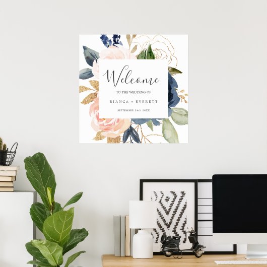Blush en Navy Flowers | Wit-welkomsthuwelijk Poster (Thuiskantoor)