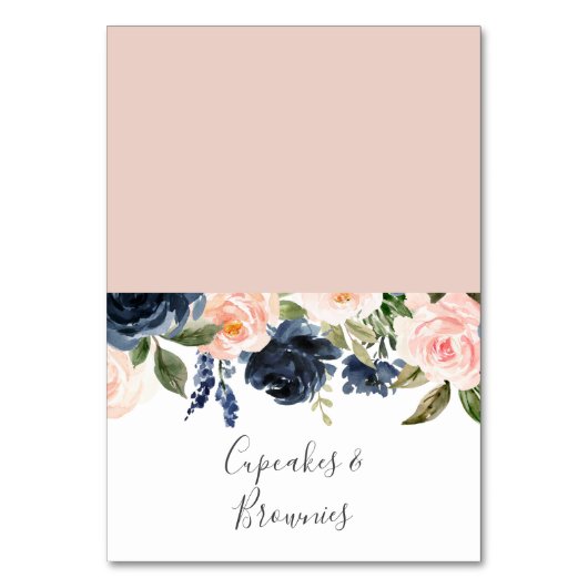 Blush en Navy Flowers | Witte buffet voedseletiket Kaart (Voorkant)