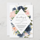 Blush en Navy Flowers | Witte diamanten bruiloft Kaart (Voorkant)