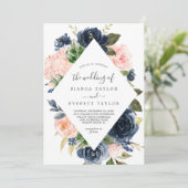 Blush en Navy Flowers | Witte diamanten bruiloft Kaart (Staand voorkant)