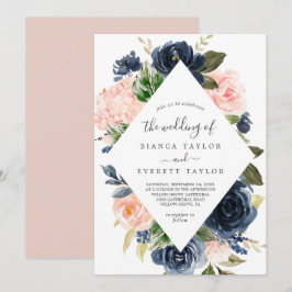 Blush en Navy Flowers | Witte diamanten bruiloft Kaart