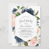 Blush en Navy Flowers | Witte GraduPartij Kaart (Voorkant)