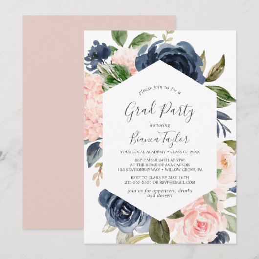 Blush en Navy Flowers | Witte GraduPartij Kaart (Voorkant / Achterkant)