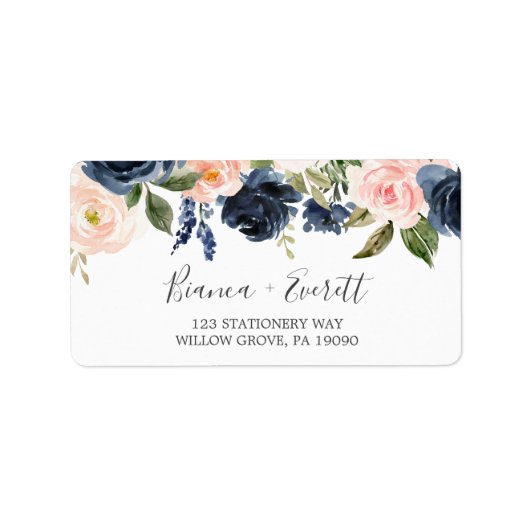 Blush en Navy Flowers | Witte RSVP-Adresetiketten Etiket (Voorkant)