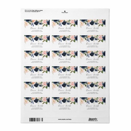 Blush en Navy Flowers | Witte RSVP-Adresetiketten Etiket (Full Sheet)