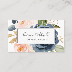 Blush en Navy Flowers   Witte Visitekaartje