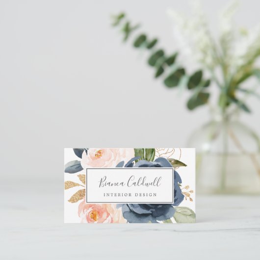 Blush en Navy Flowers | Witte Visitekaartje (Staand voorkant)