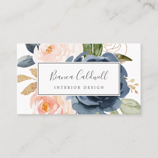 Blush en Navy Flowers | Witte Visitekaartje (Voorkant)