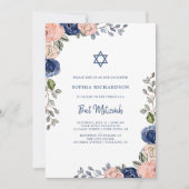 Blush en Navy Hand getrokken bloemen | Bat Mitzvah Kaart (Voorkant)