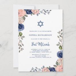 Blush en Navy Hand getrokken bloemen | Bat Mitzvah Kaart