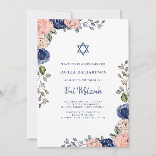 Blush en Navy Hand getrokken bloemen | Bat Mitzvah Kaart (Voorkant)