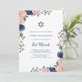 Blush en Navy Hand getrokken bloemen | Bat Mitzvah Kaart (Staand voorkant)