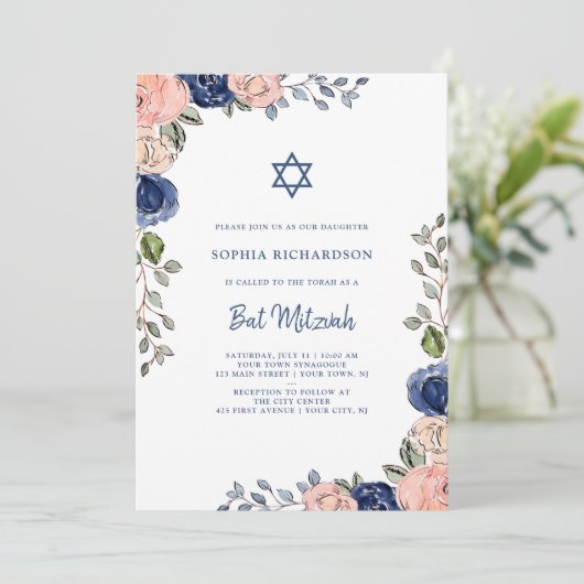 Blush en Navy Hand getrokken bloemen | Bat Mitzvah Kaart (Staand voorkant)