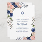 Blush en Navy Hand getrokken bloemen | Bat Mitzvah Kaart (Voorkant / Achterkant)