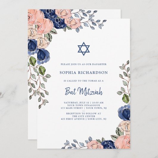 Blush en Navy Hand getrokken bloemen | Bat Mitzvah Kaart (Voorkant / Achterkant)
