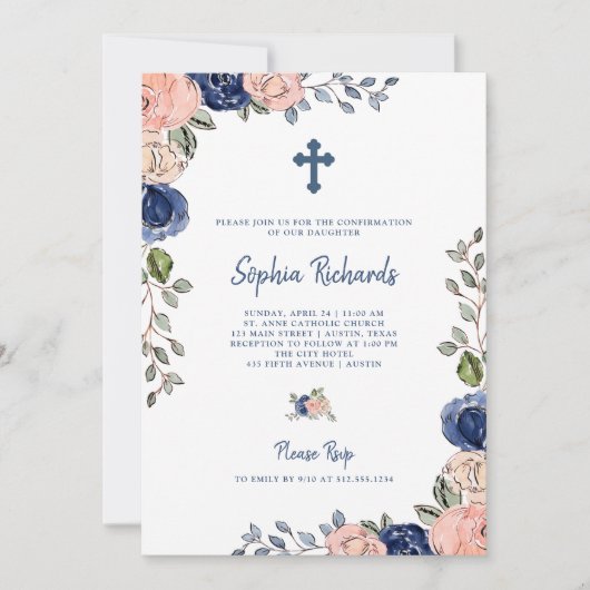 Blush en Navy Hand getrokken bloemen | Confirmatio Kaart (Voorkant)