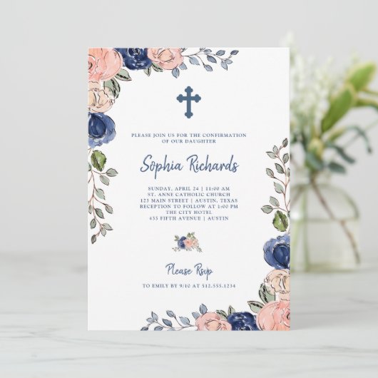 Blush en Navy Hand getrokken bloemen | Confirmatio Kaart (Staand voorkant)