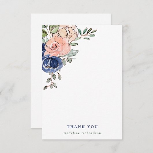 Blush en Navy Hand Painted Floral Bedankkaart (Voorkant / Achterkant)