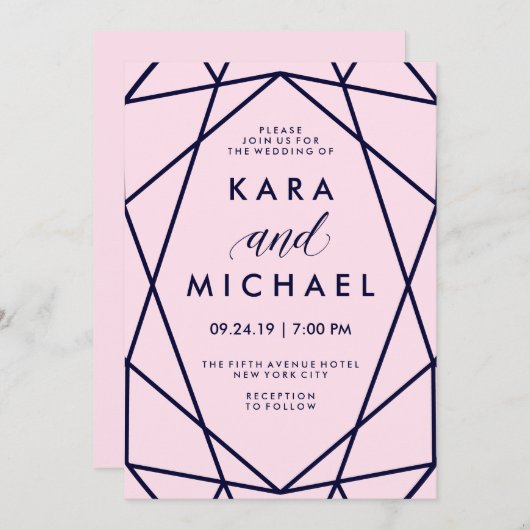 Blush en Navy | Modern Geometric Wedding Kaart (Voorkant / Achterkant)