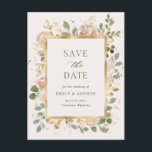Blush en neutrale Floral | Weddenschap Save the Da Briefkaart<br><div class="desc">Deze prachtige, florale bruiloft bewaarde het date briefkaart met een elegant, gouden rechthoekig lijst omgeven door mooie roestachtige waterverf bloemen in neutrale en blote tinten, en gouden en groene bladeren. De achtergrond van het briefkaart is trendy blush roze. De rug kenmerkt een passend floreel ontwerp, en ruimte voor een extra...</div>