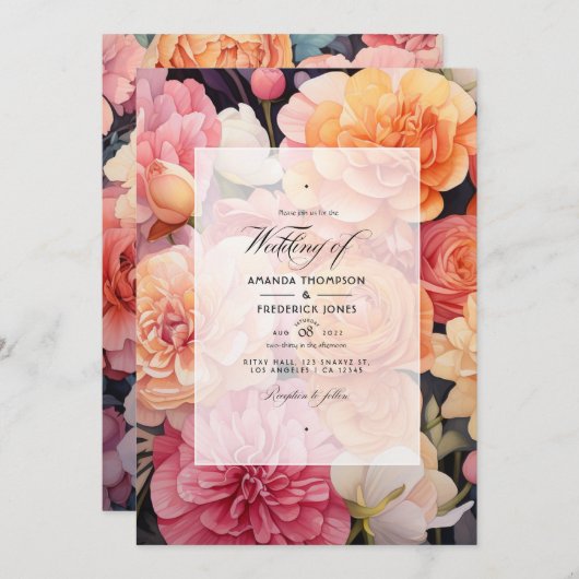 Blush en perzik bloemenbruiloft kaart (Voorkant / Achterkant)