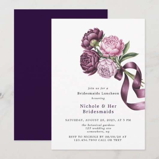 Blush en Plum Peony Bloemen Bruidsmeisjes Luncheon Kaart (Voorkant / Achterkant)