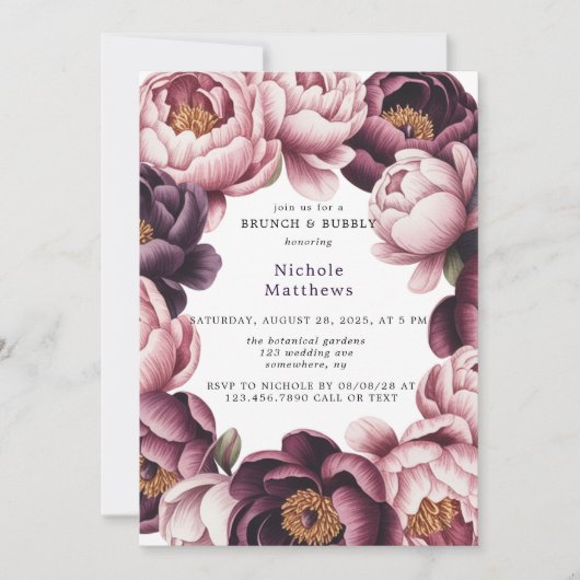 Blush en Plum Peony Krans Brunch & Bubbly Kaart (Voorkant)