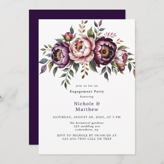 Blush en Plum Peony Krans Engagement Party Kaart (Voorkant / Achterkant)