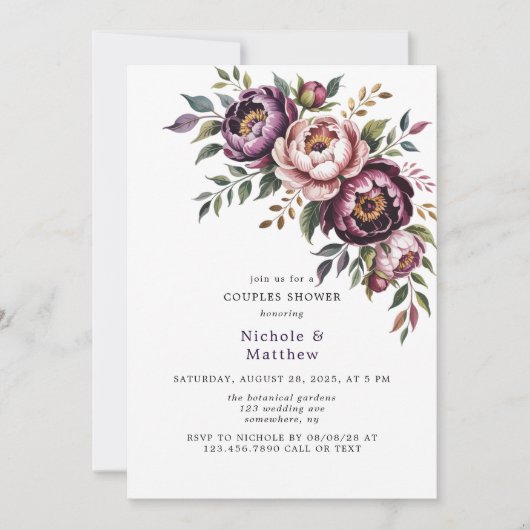 Blush en Plum Peony Krans Koppels Douche Kaart (Voorkant)