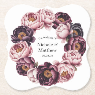 Blush en Plum Peony Krans Trouwen Kartonnen Onderzetters